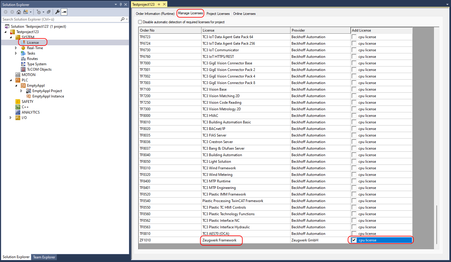 Add the Zeugwerk Framework license to the managed licenses of the project