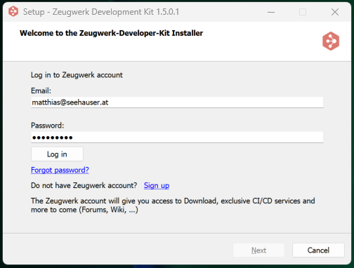 Enter Zeugwerk Developer Account details